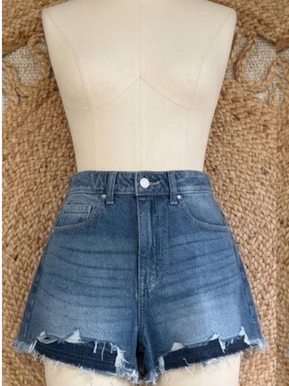 Zenana Outfitters High-Waist Distressed Denim Shorts - Blue